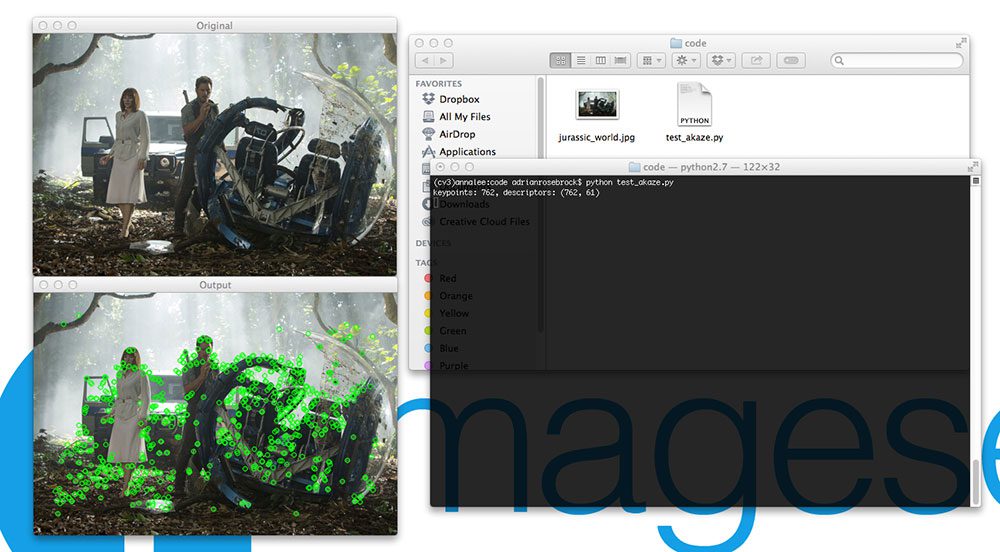 Figure 5: We have successfully been able to detect keypoints, extract AKAZE features, and then draw the keypoints on our image using OpenCV 3.0 and Python 2.7+!