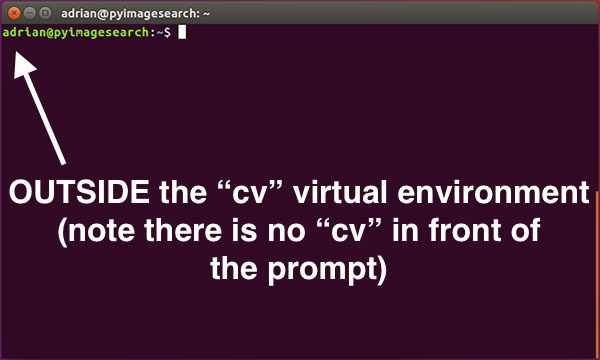 Figure 2: If you do not see the "(cv)" text on your prompt, then you are not in the cv virtual environment and need to run the "workon" command to resolve this issue. 