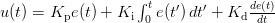 u(t) = K_\text{p} e(t) + K_\text{i} \int_0^t e(t') \,dt' + K_\text{d} \frac{de(t)}{dt} u(t) = K_\text{p} e(t) + K_\text{i} \int_0^t e(t') \,dt' + K_\text{d} \frac{de(t)}{dt}