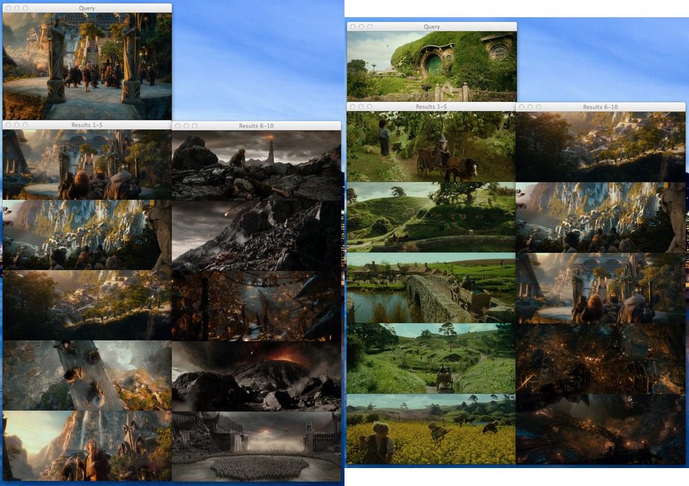 Figure 5: Using external Rivendell and the Shire query images. For both cases, we find the top 5 search results are from the same category.