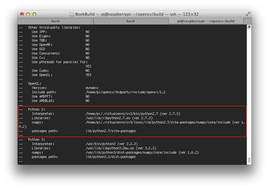 Figure 2: The output of CMake looks good -- OpenCV 3.0 will compile with Python 2.7 bindings using the Python interpreter and NumPy package associated with our virtual environment.