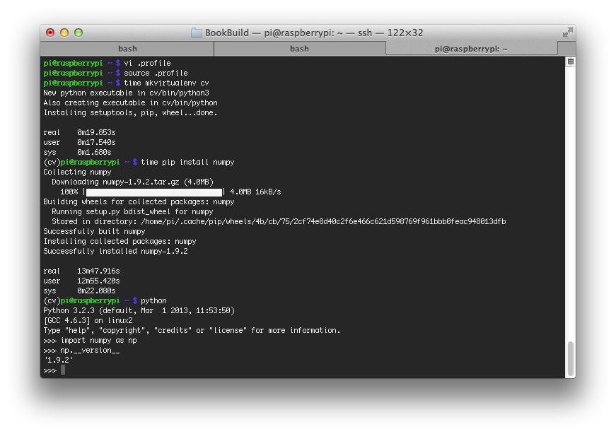 Figure 3: NumPy has been successfully installed for Python 2.7 in the cv virtual environment.