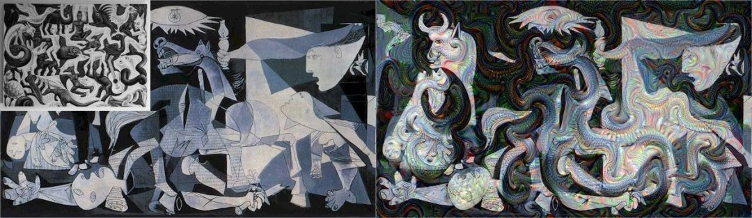 Figure X: Pablo Picasso's Guernica guided with MC Escher's Sky and Water I.