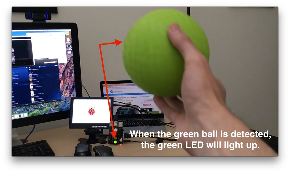 Figure 3: Notice how when the green ball is detected in the video stream, the LED on the TrafficHAT lights up.