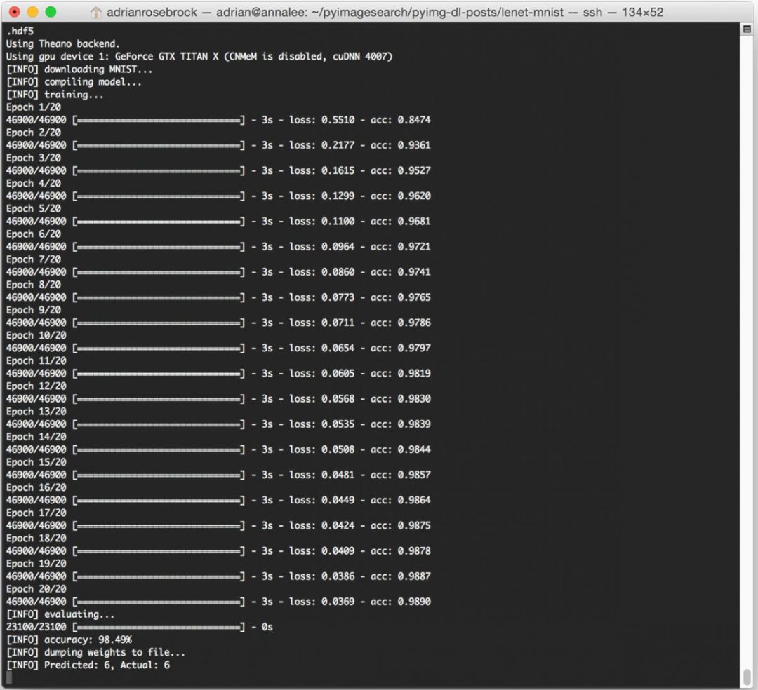 Figure 3: Training LeNet on the MNIST dataset on my Titan X takes approximately 3 seconds per epoch. After 20 epochs, LeNet is reaching 98.90% classification accuracy on the training data and 98.49% accuracy on the testing data.