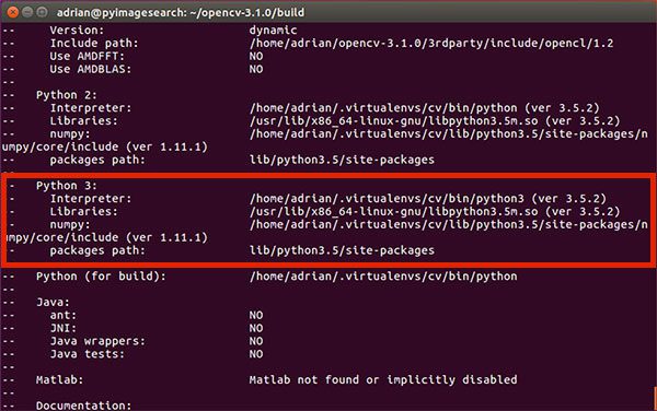 Figure 4: Validating that Python 3 will be used when compiling OpenCV 3 for Ubuntu 16.04.